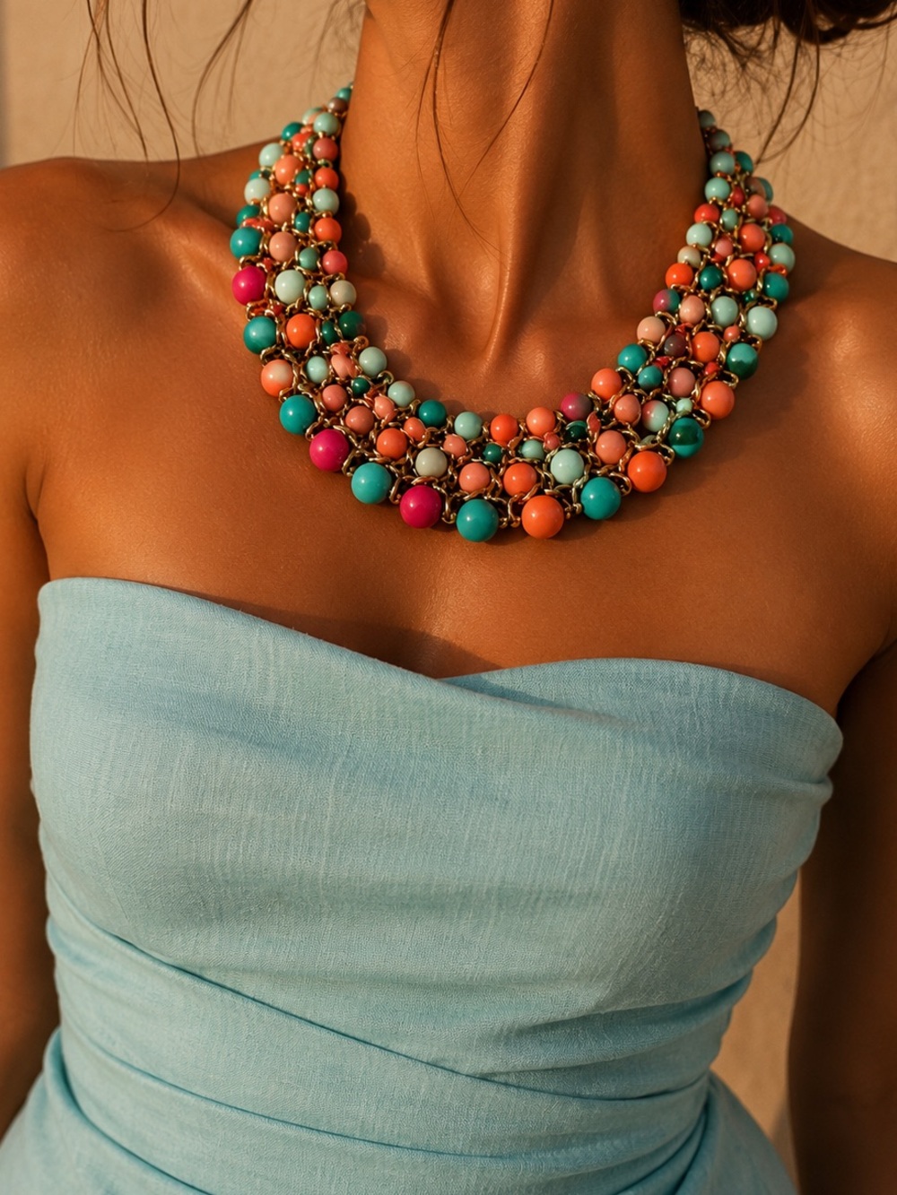 Bold Multi-Bead Collar Necklace in Pink, Coral & Teal